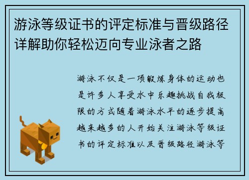 游泳等级证书的评定标准与晋级路径详解助你轻松迈向专业泳者之路